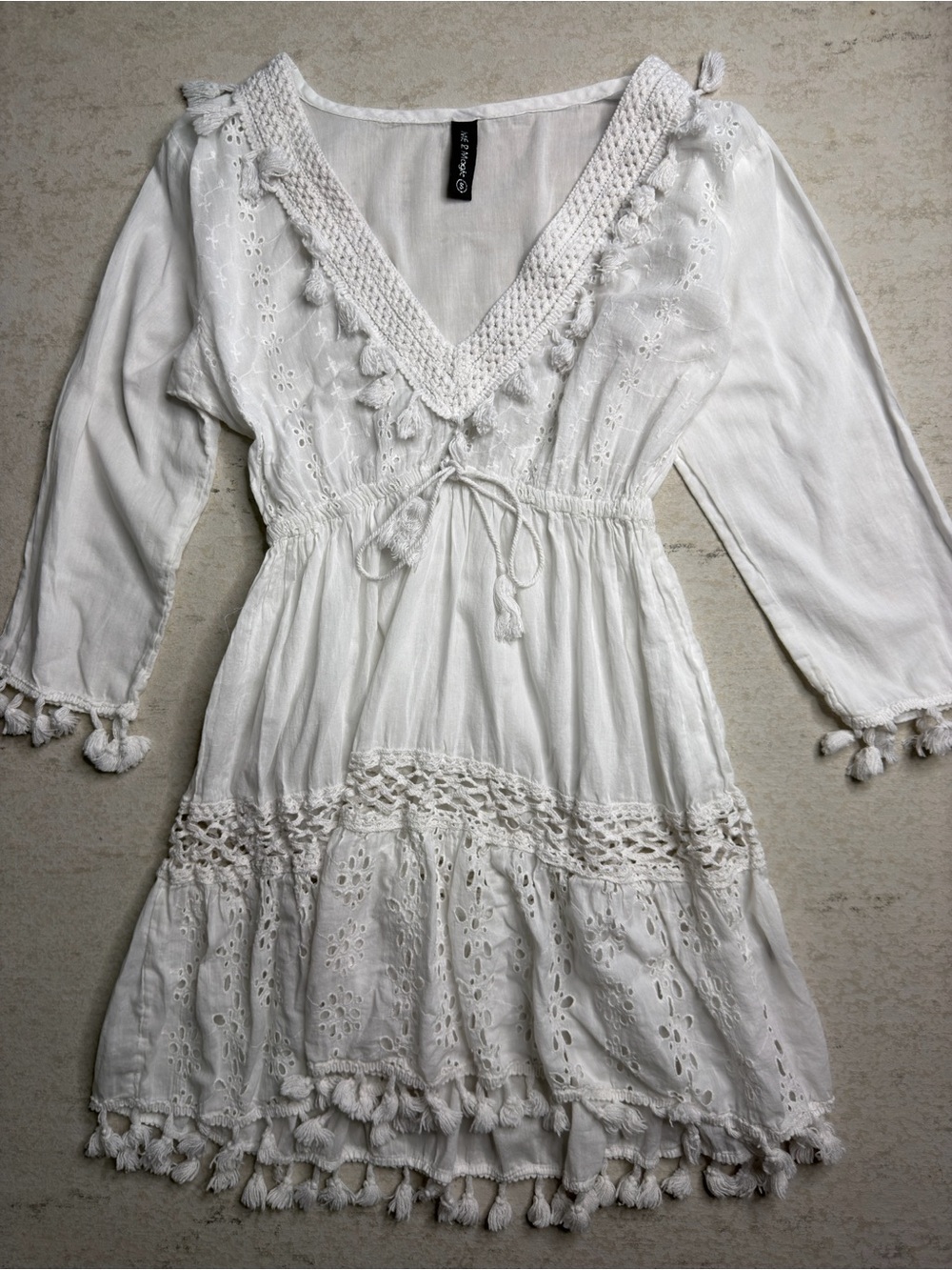 Me 2 Magic White Boho Tassel Trim Crochet Lace Tunic Dress Cover-Up Size S